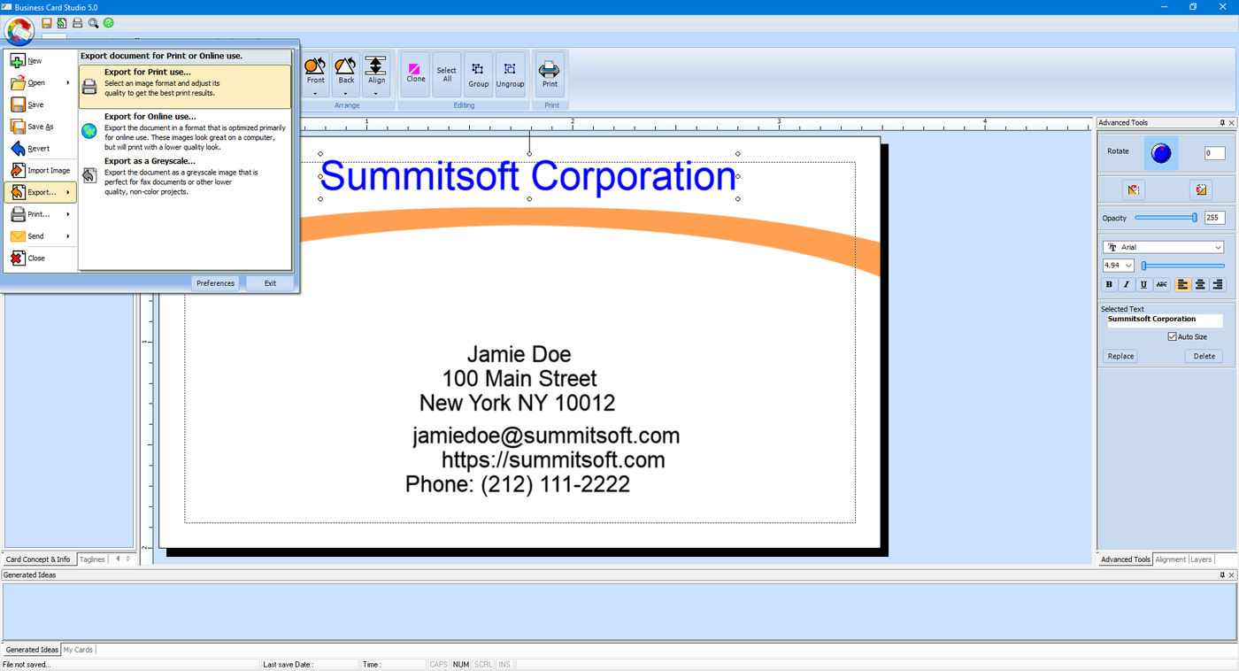export the business card as an image